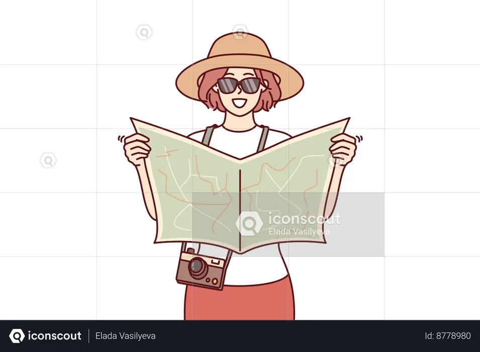 Woman tourist uses paper map  Illustration