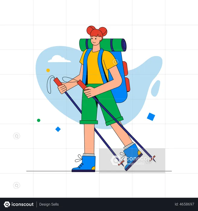 Woman tourist with backpack and sticks walking in mountains  Illustration
