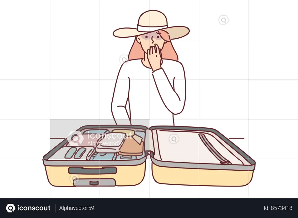 Woman tourist with travel suitcase and worried about losing money  Illustration