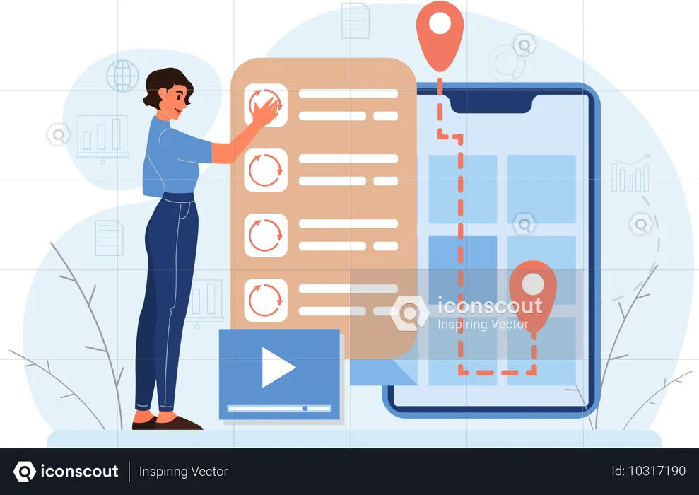 Woman tracking location route through mobile app  Illustration