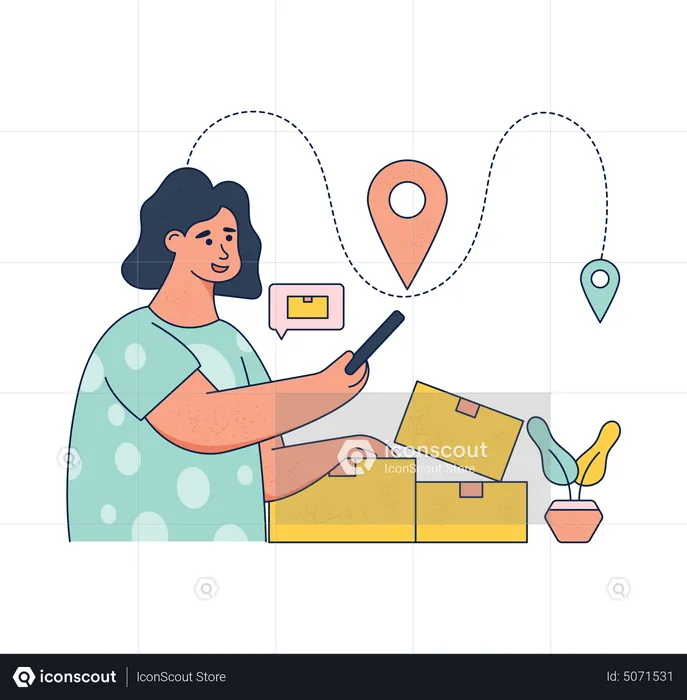 Woman tracking parcel location via mobile app  Illustration