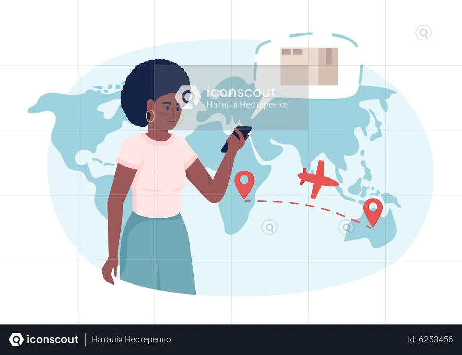 Woman tracking parcel with flight tracker  Illustration