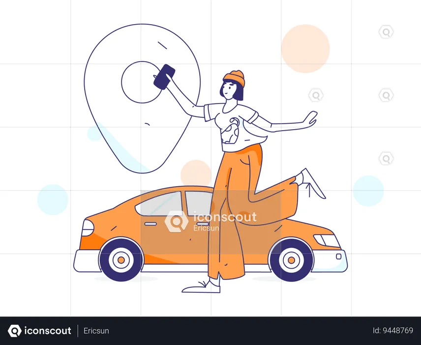 Woman tracking taxi location  Illustration