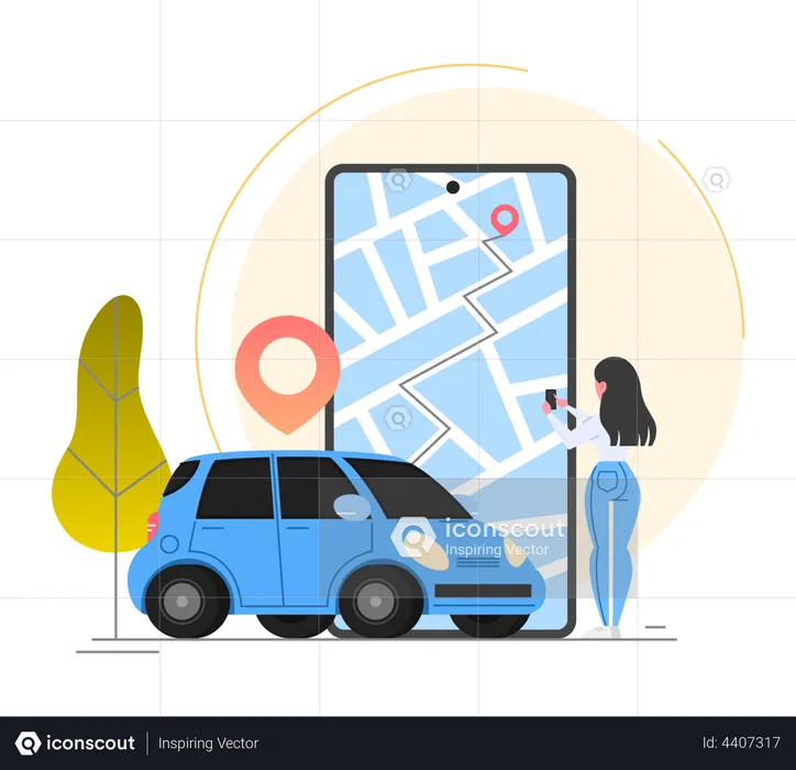 Woman tracking taxi through app  Illustration
