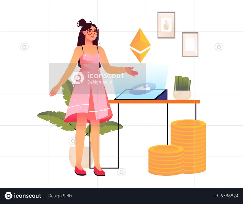 Woman trading Ethereum NFT art  Illustration