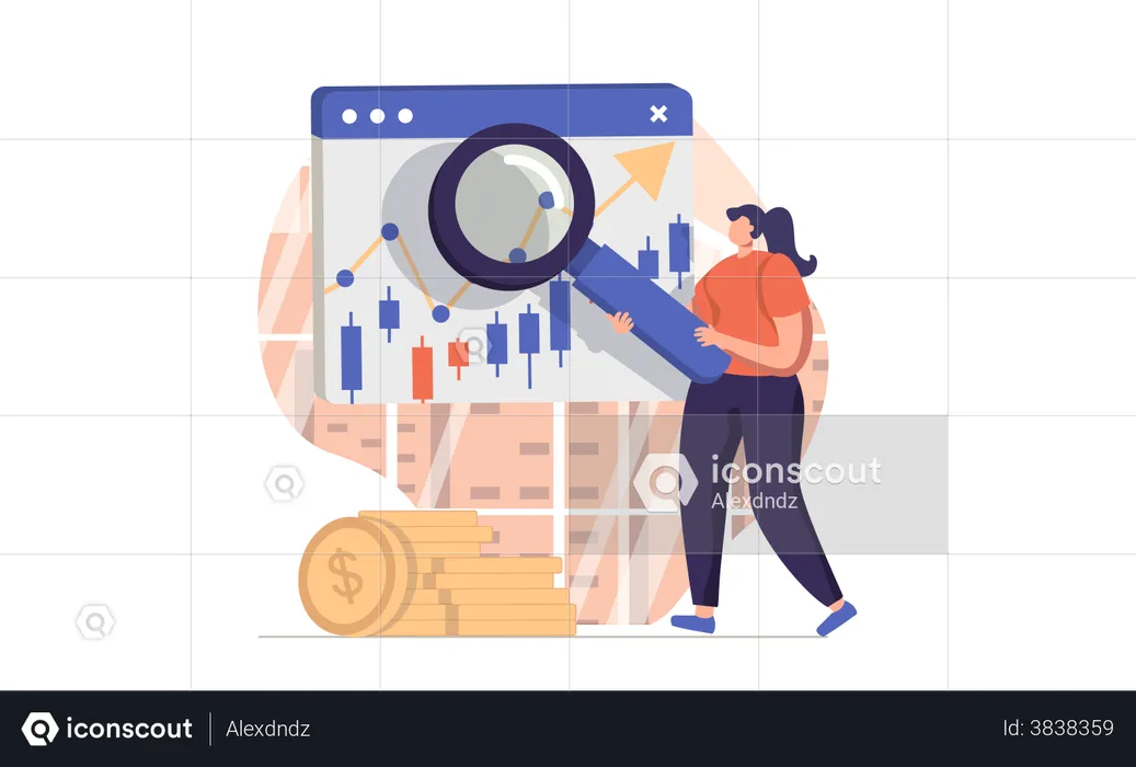 Woman trading in stock market using technical analysis  Illustration