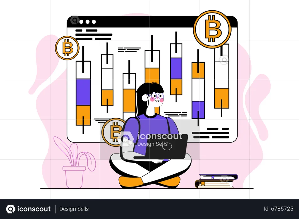 Woman trading using Bitcoin candlestick  Illustration