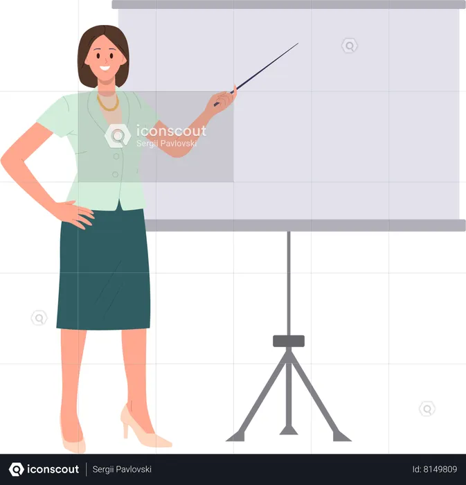 Woman trainer giving presentation nearby whiteboard  Illustration