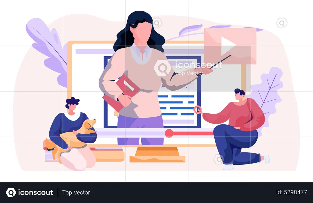 Woman training a dog basic commands with video tutorial on the computer  Illustration