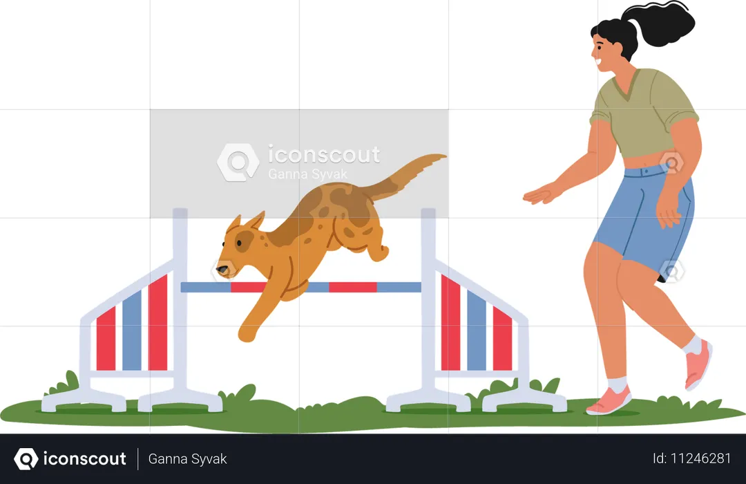 Woman training dog in agility course  Illustration