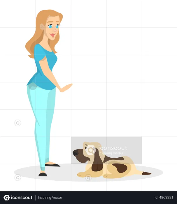 Woman training her pet dog  Illustration