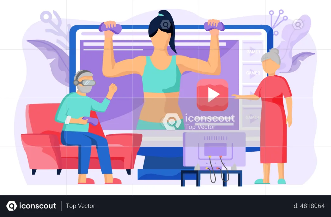 Woman training in online fitness tutorial video  Illustration