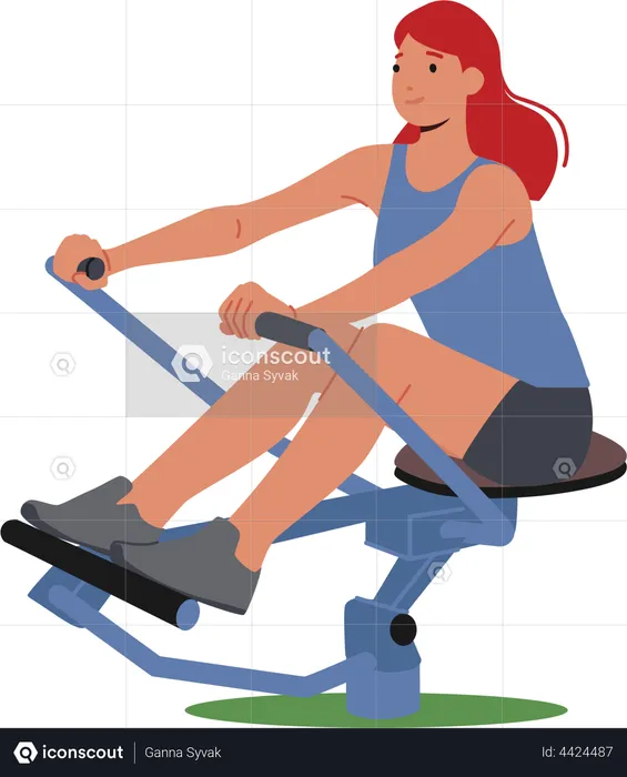 Woman Training on Rowing Apparatus in House Yard  Illustration