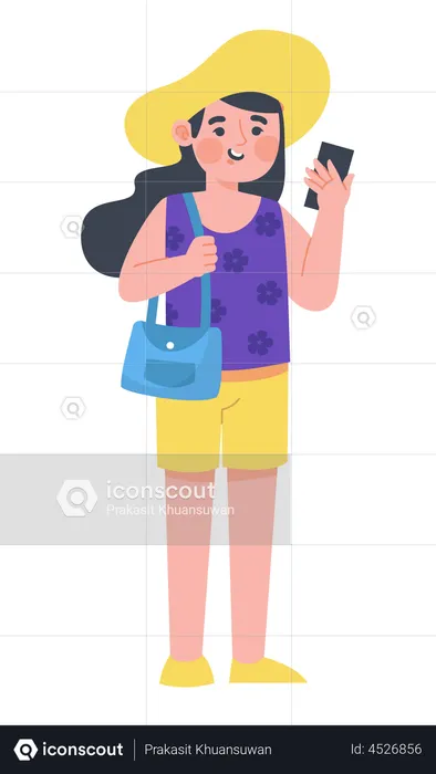 Woman traveler holding mobile  Illustration