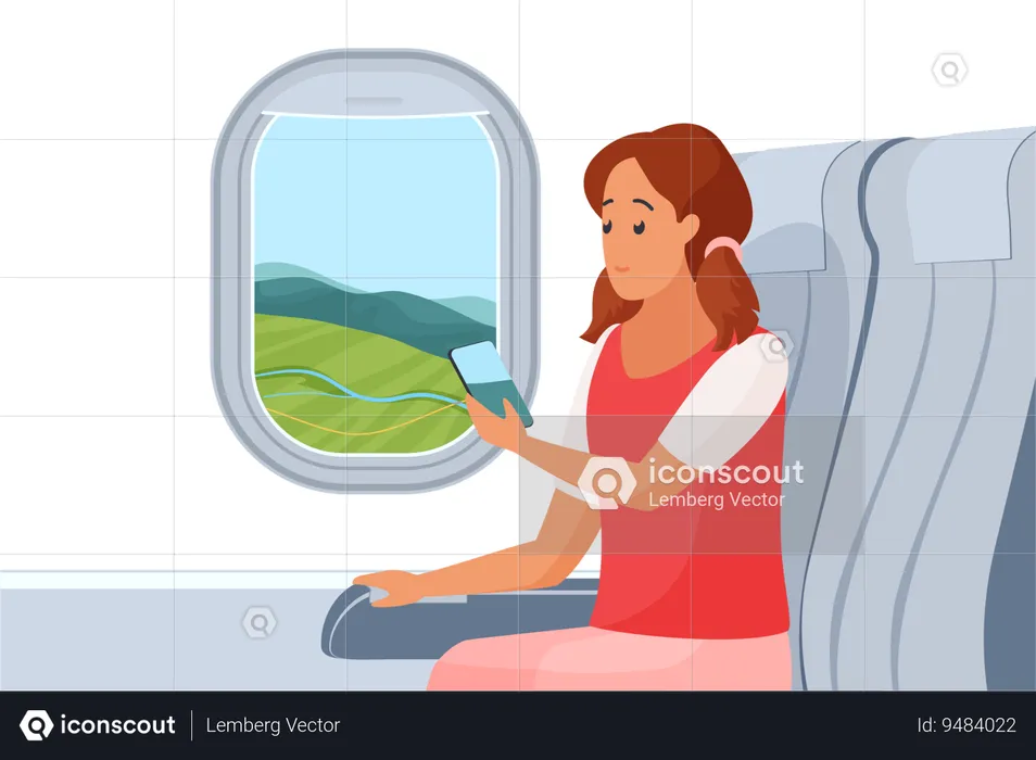 Woman traveling by air plane  Illustration