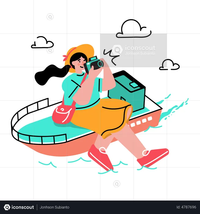 Woman traveling on ship or boat  Illustration
