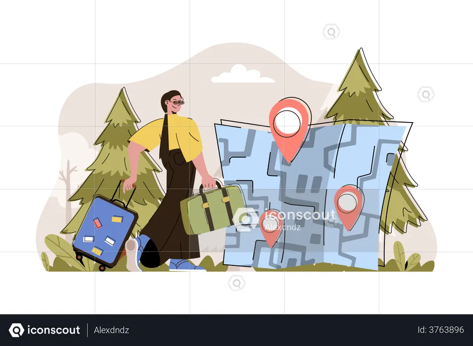 Woman travelling different locations marked on map  Illustration
