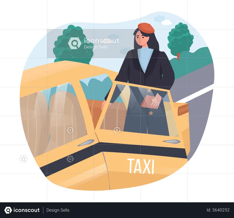 Woman travelling through taxi  Illustration
