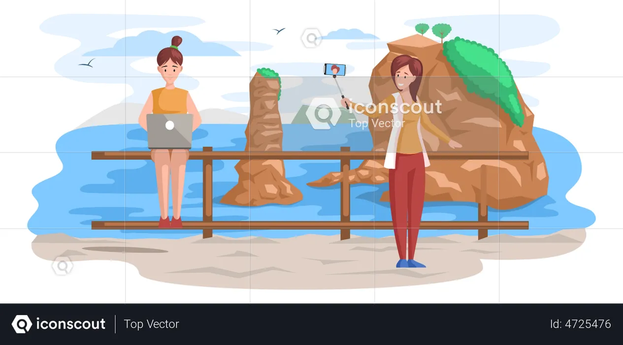 Woman travels and works remotely anywhere in world  Illustration