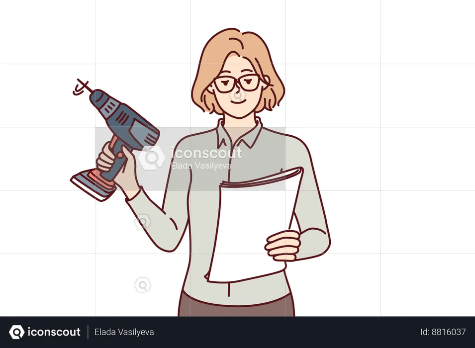 Woman tries to repair using electric screwdriver  Illustration