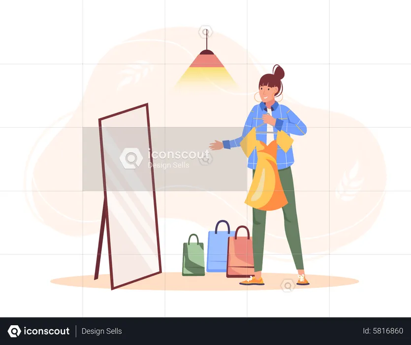 Woman try dress in front of mirror  Illustration