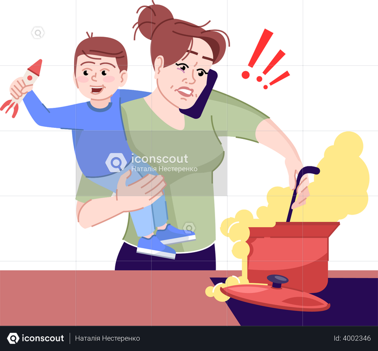 Woman trying cope with child and house chores Illustration