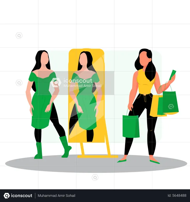 Woman trying dress and showing herself in mirror  Illustration