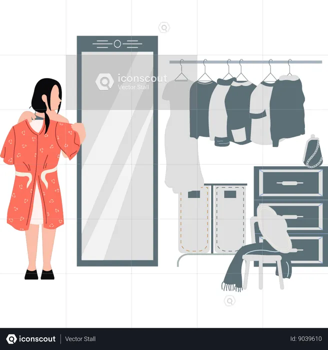 Woman trying dress at shopping store  Illustration