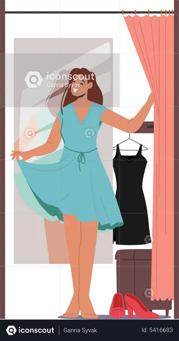 Woman trying dress in trial room  Illustration
