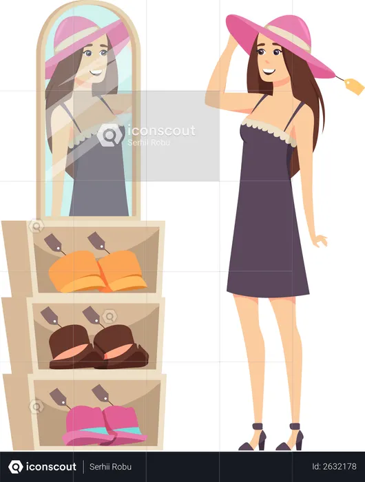 Woman trying new hat from her wardrobe  Illustration