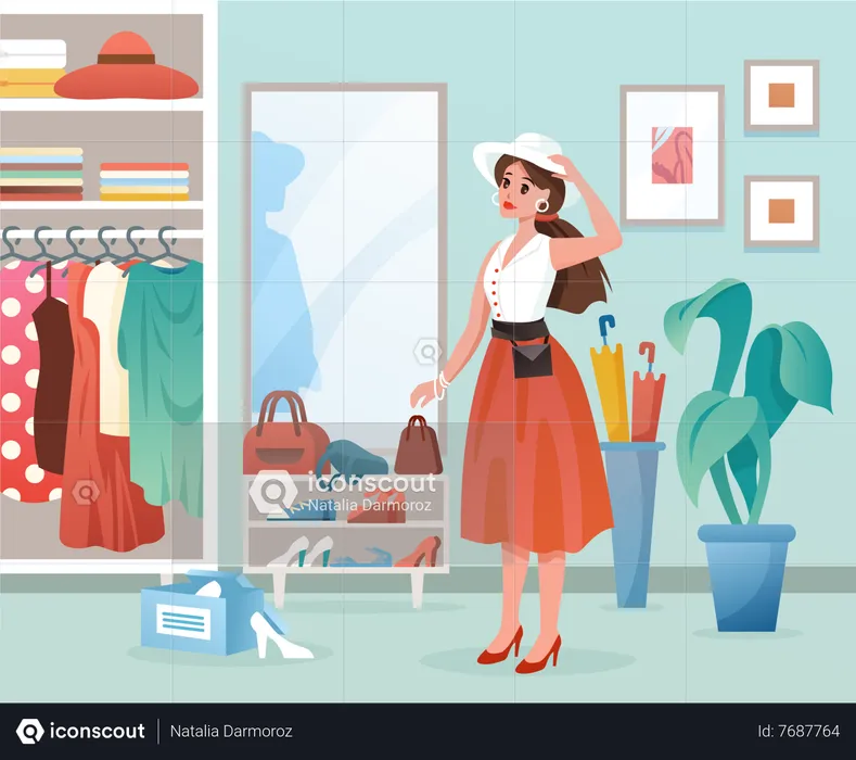 Woman trying on dress while shopping  Illustration