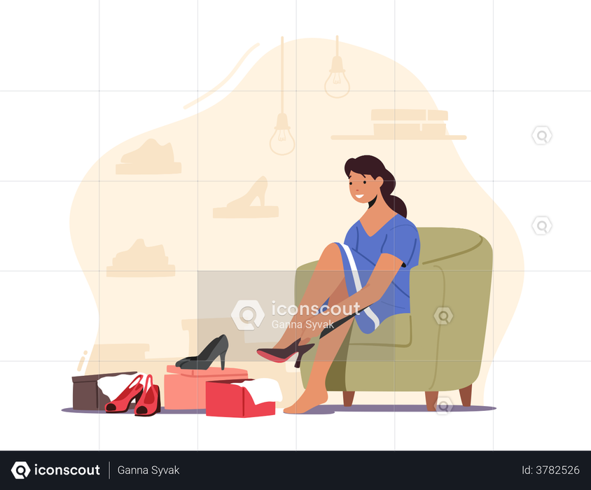 Woman Trying on High Heel Sitting on Couch Illustration