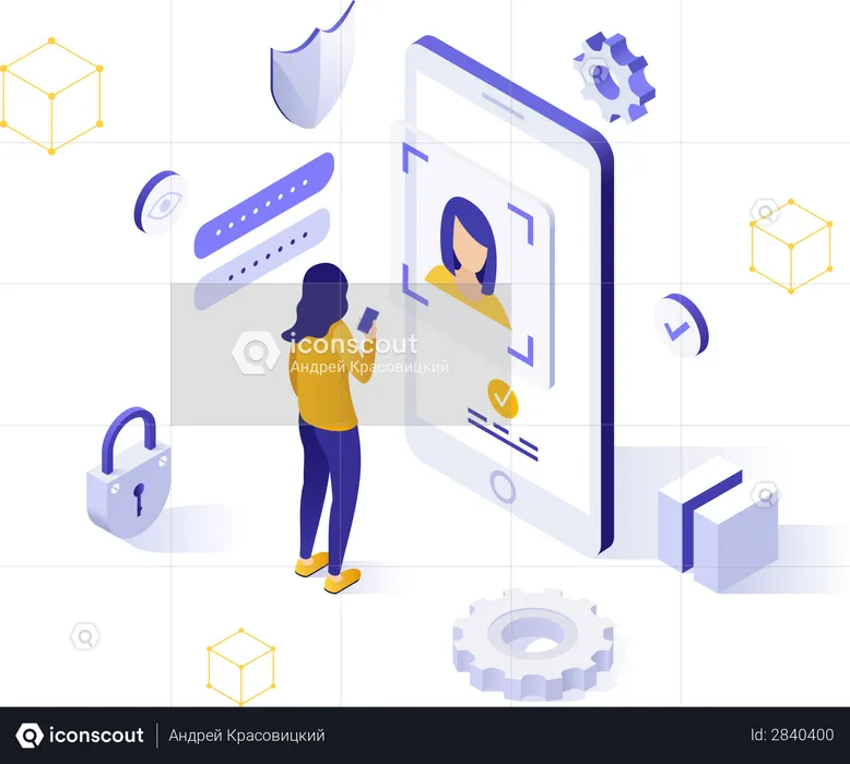 Woman trying to access data using facelock security  Illustration