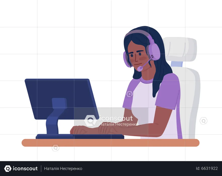 Woman typing on keyboard while wearing headset  Illustration