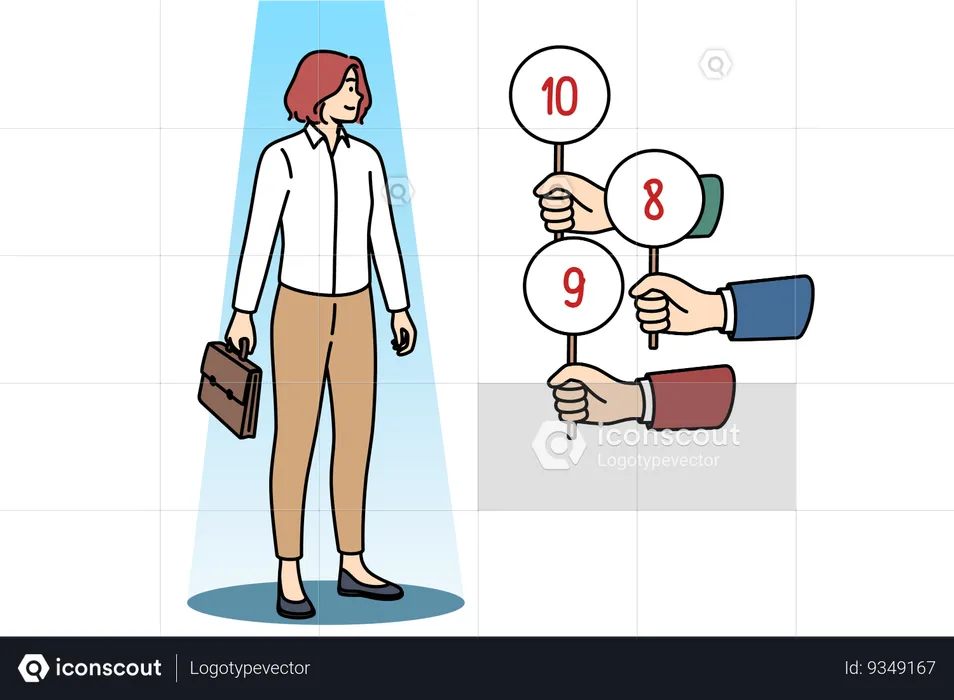 Woman undergoes business interview receiving marks from recruiters for excellent professional skills  Illustration