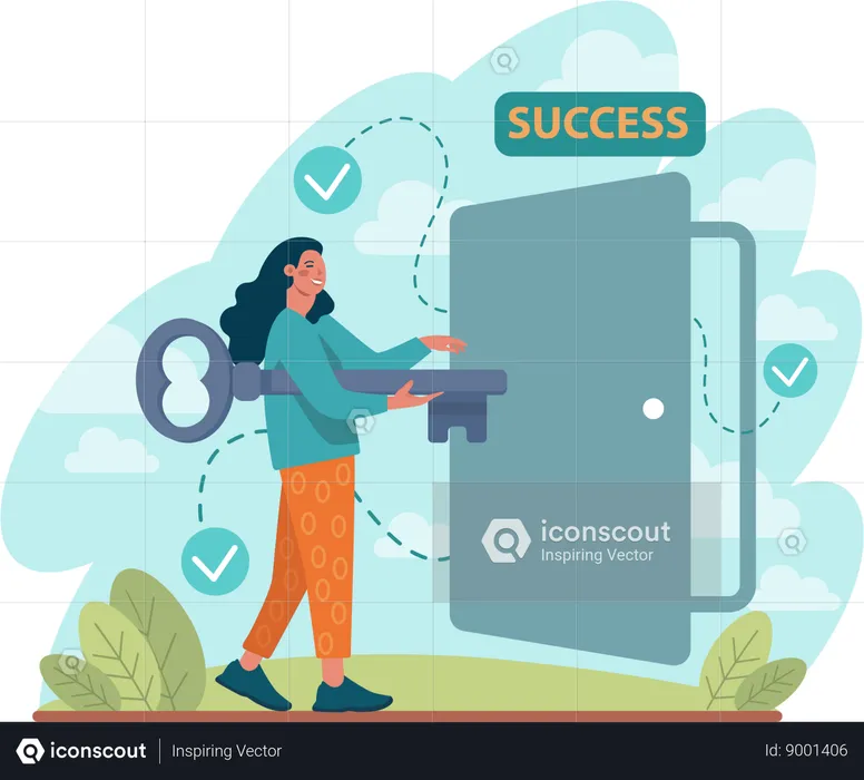 Woman unlocks success door  Illustration