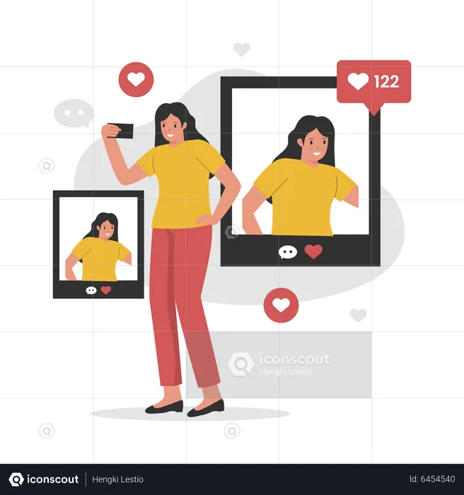 Woman upload selfie on social media app  Illustration