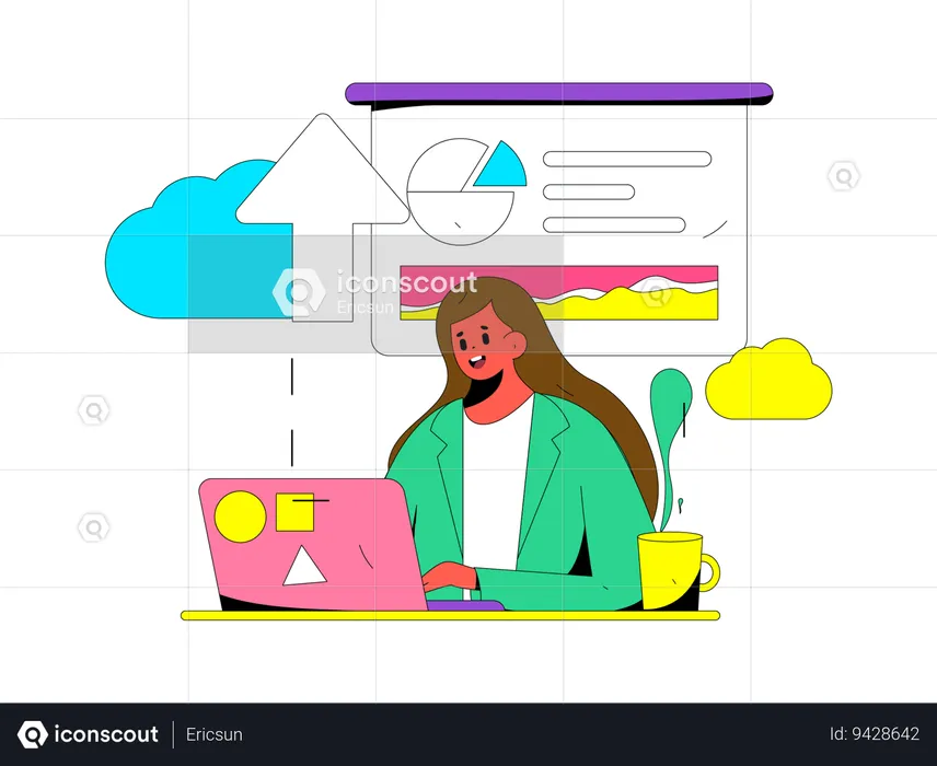 Woman uploading cloud data  Illustration