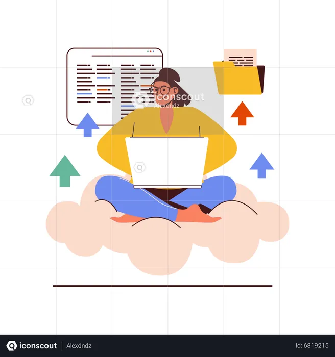 Woman uploading cloud data  Illustration