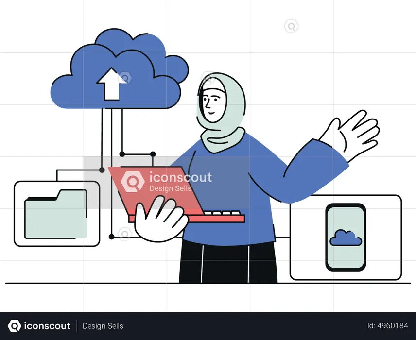 Woman uploading data in cloud  Illustration