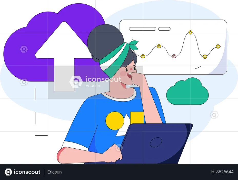 Woman uploading data in cloud  Illustration