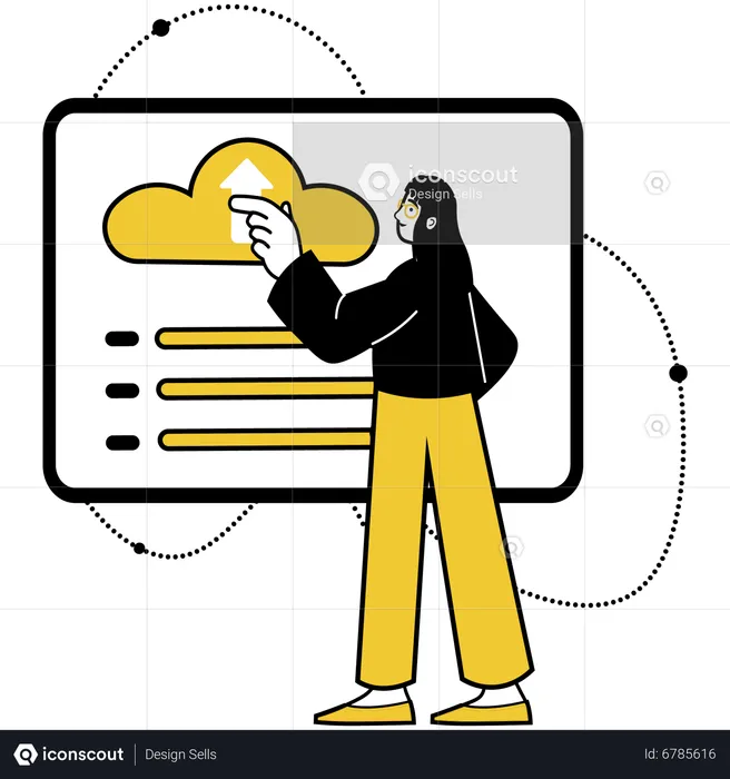 Woman uploading data to cloud  Illustration