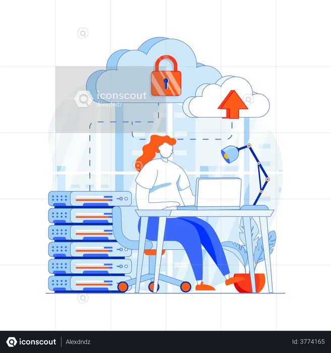 Woman uploading data to cloud servers  Illustration