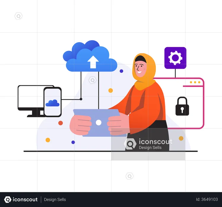 Woman uploading data to secure cloud  Illustration