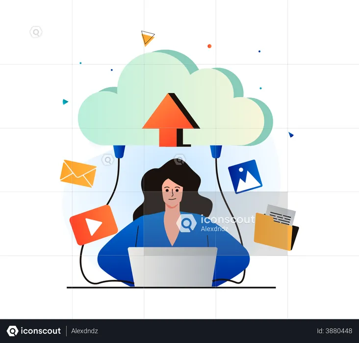 Woman uploading data to secure cloud  Illustration