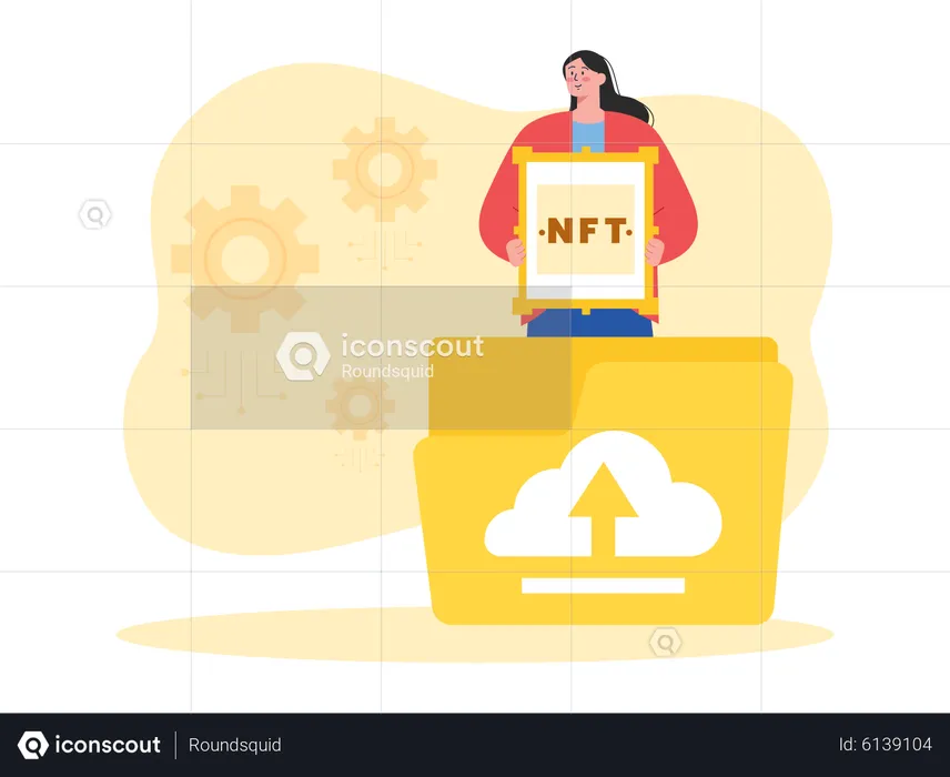 Woman uploading NFT art online  Illustration