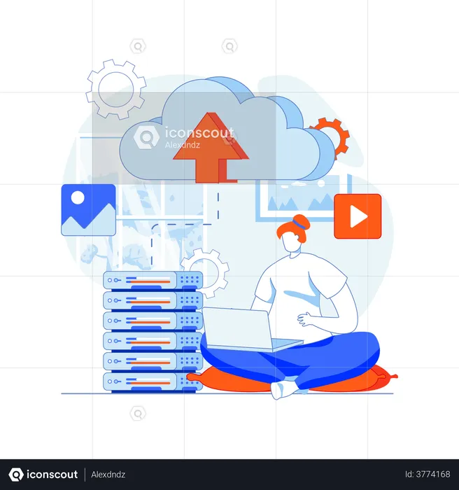 Woman uploading private data to cloud storage server  Illustration