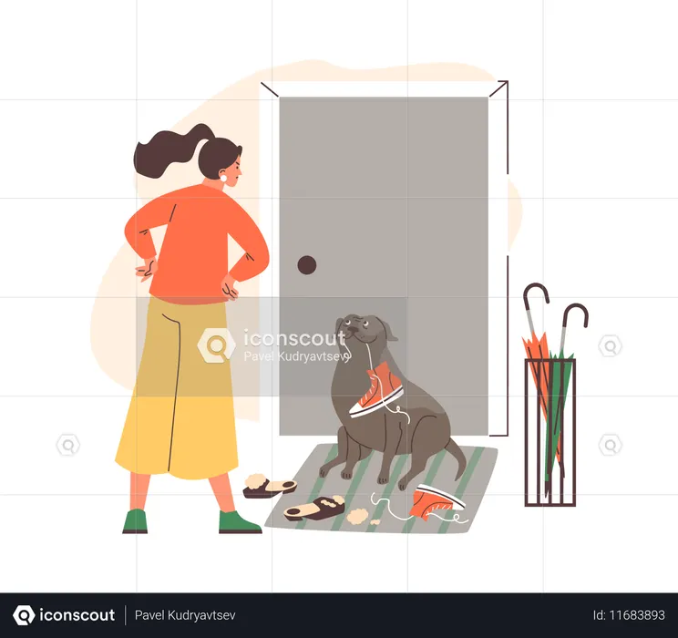 Woman upset from naughty dog chewing  Illustration
