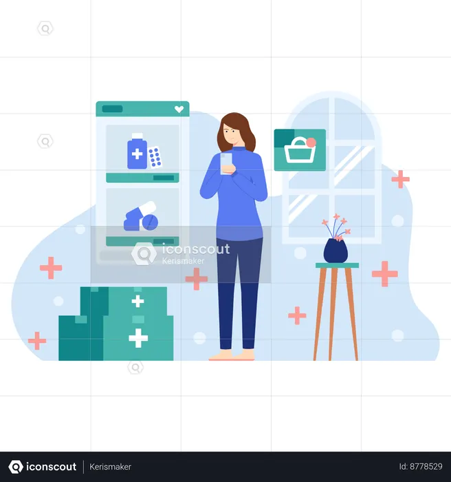 Woman use  Online Pharmacyapp  Illustration