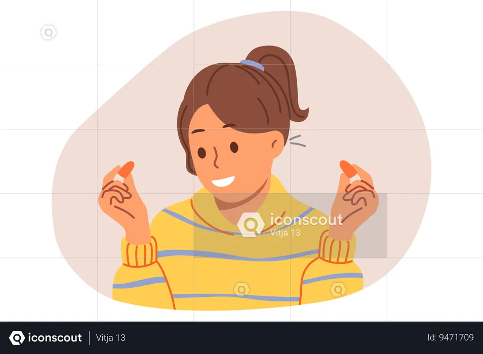 Woman uses earplugs to block out noise from neighbors so can concentrate or sleep  Illustration